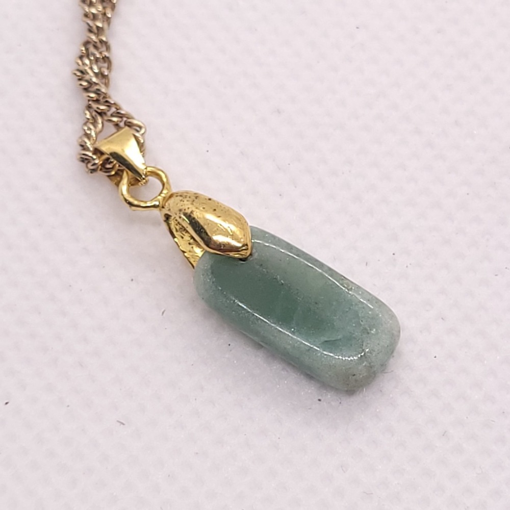 SHB Green Stone Pendant Necklace Gold Tone Chain Sage Green Polished Drop